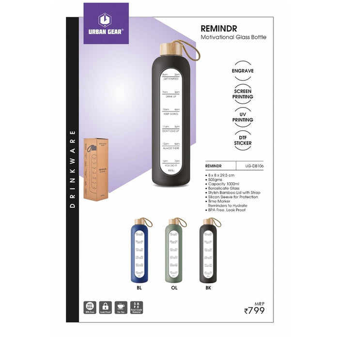 URBAN GEAR - Remindr - Motivational Glass bottle (1000ml) - UG-DB106