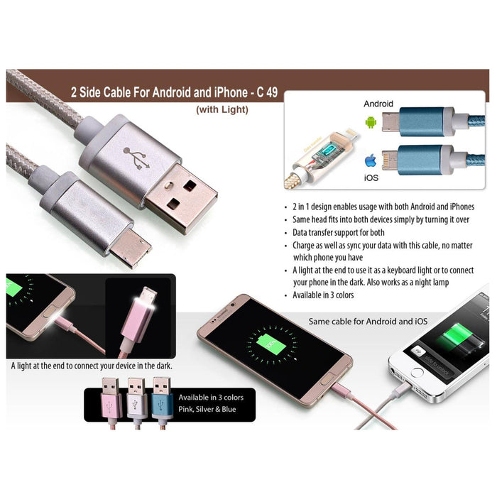 2 Side Cable For Android And iPhone With Light - C 49 - Mudramart Corporate Giftings