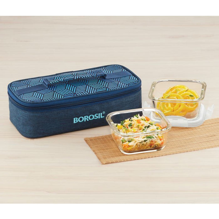 2 Square Microwavable Glass Lunch Box (Foodluck Blue Flat) - ICYCSBS320H - Mudramart Corporate Giftings