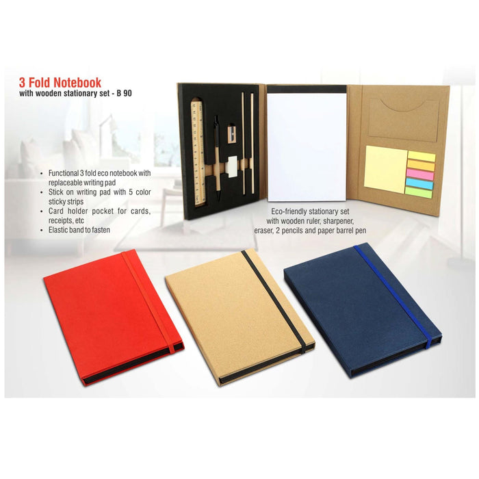 3 Fold Notebook With Wooden Stationary Set - B 90 - Mudramart Corporate Giftings