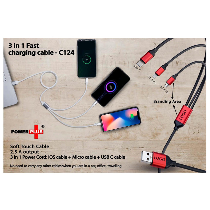 3 In 1 Fast Charging Soft Touch Cable | 2.5A Output (For Micro, Type C And IOS) - C 124 - Mudramart Corporate Giftings