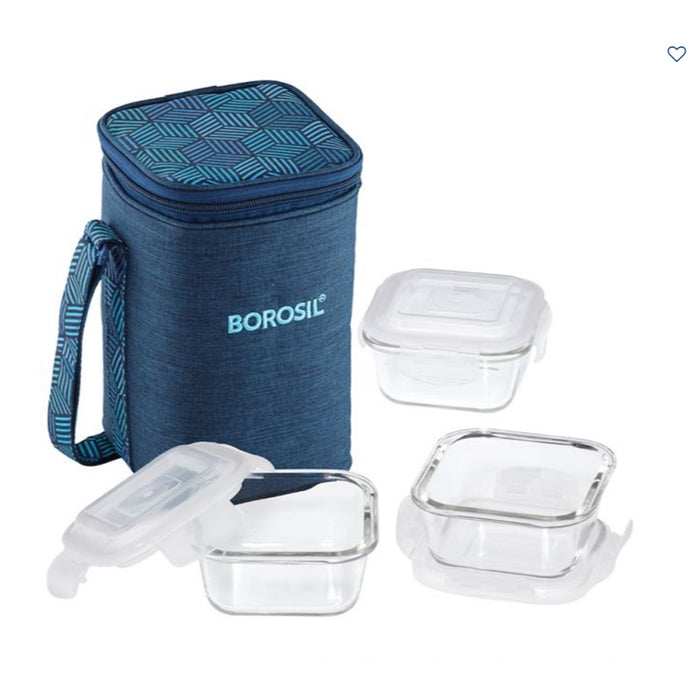 3 Square Microwavable Glass Lunch Box (Foodluck Blue) - ICYCSBSS320 - Mudramart Corporate Giftings