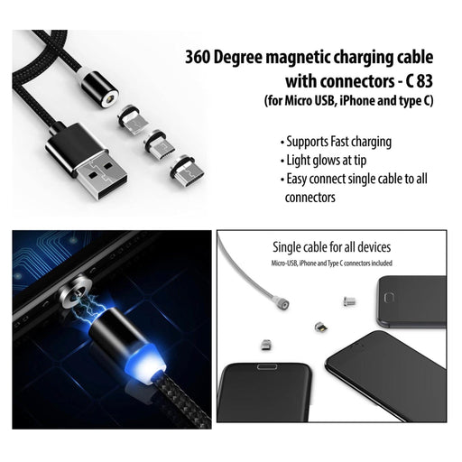 360 Degree Magnetic Charging Cable With Connectors | Supports Fast Charging | Light Glow At Tip (For Micro USB, iPhone And Type C) - C 83 - Mudramart Corporate Giftings