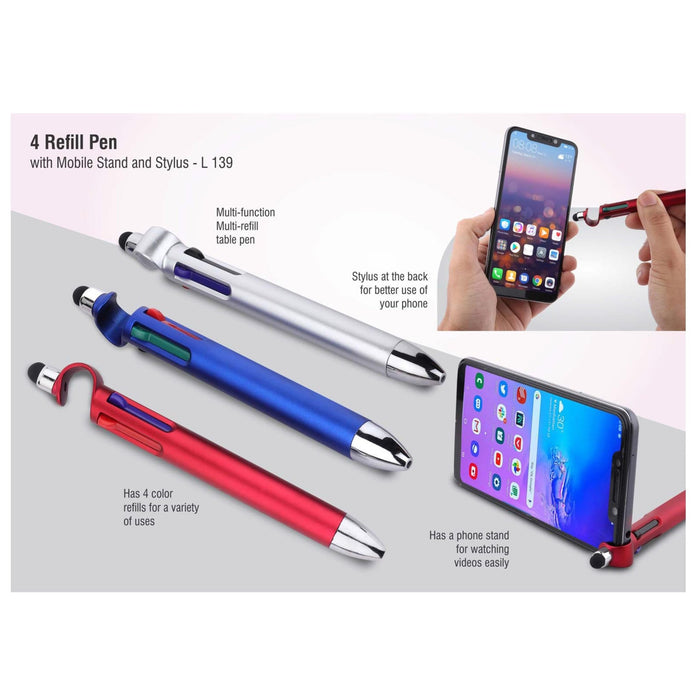4 Refill Pen With Mobile Stand And Stylus - L139 - Mudramart Corporate Giftings
