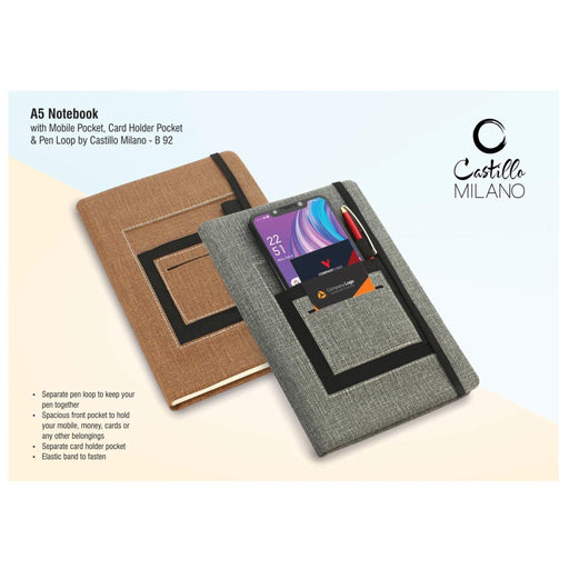 A5 Notebook With Mobile Pocket, Card Holder Pocket & Pen Loop By Castillo Milano - B 92 - Mudramart Corporate Giftings
