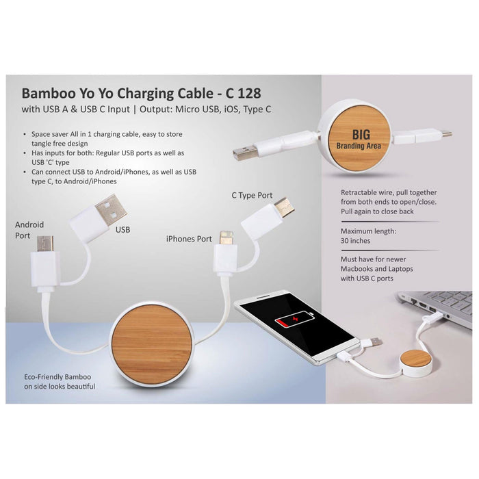 Bamboo Yo Yo Charging Cable With USB A & USB C Input | Output: Micro USB, IOS, Type C - 128 - Mudramart Corporate Giftings