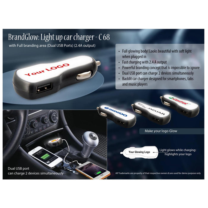 Brand Glow: Light Up Car Charger With Full Branding Area (Dual USB Ports) (2.4A Output) - C 68 - Mudramart Corporate Giftings