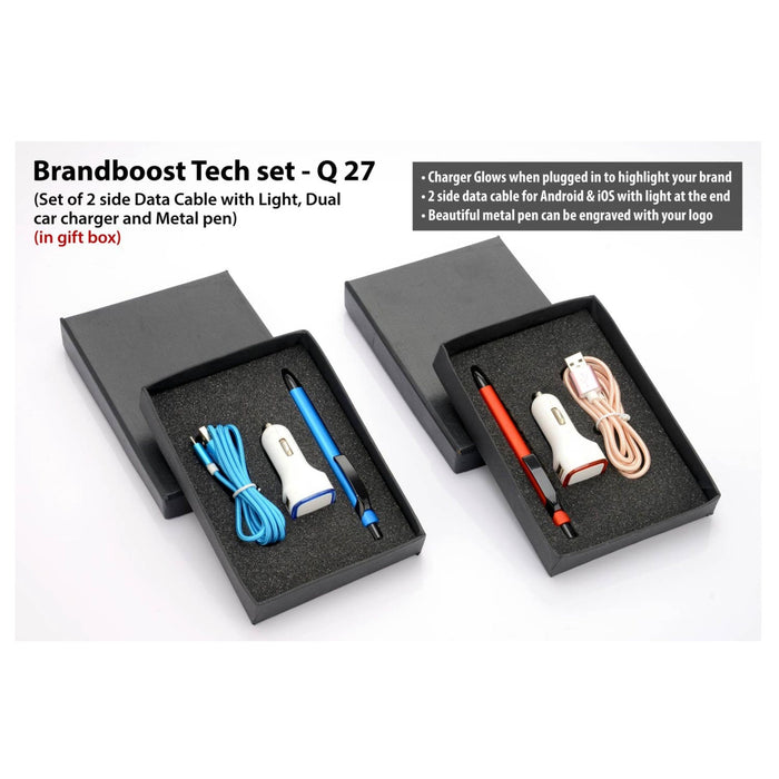 Brandboost Tech Set: Set Of 2 Side Data Cable With Light, Dual Car Charger, And Flat Oval Pen - Q27 - Mudramart Corporate Giftings