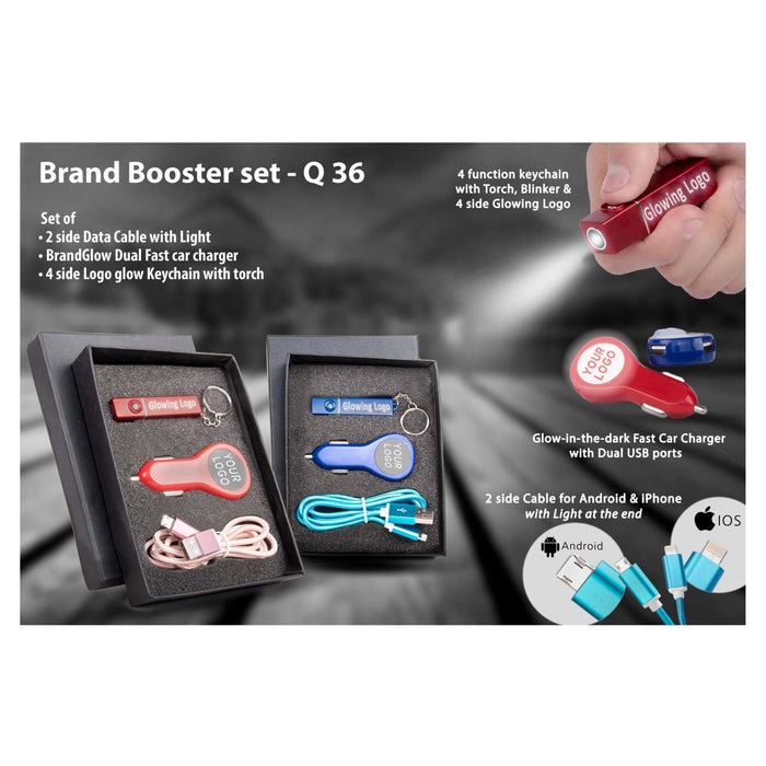 Brandbooster Set: Set Of 2 Side Data Cable With Light, Brandglow Dual Car Charger & 4 Side Glow Keychain With Torch - Q36 - Mudramart Corporate Giftings