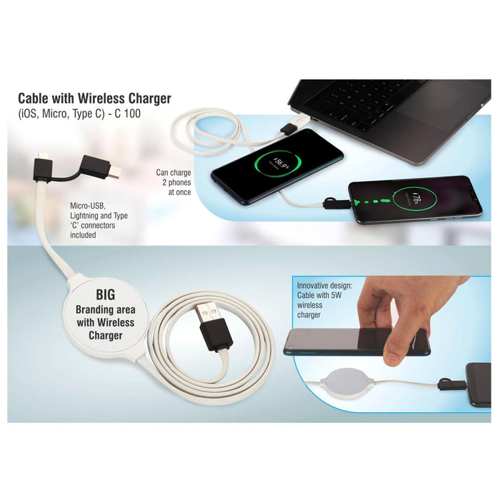 Cable With Wireless Charger (IOS, Micro, Type C) - C 100 - Mudramart Corporate Giftings