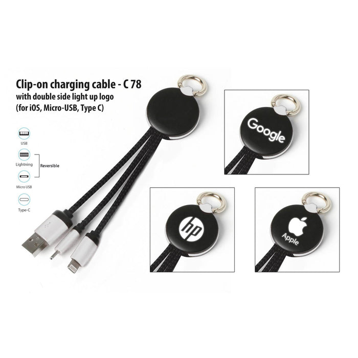 Clip-On Charging Cable With Double Side Light Up Logo (IOS, Micro-USB, Type C) - C 78 - Mudramart Corporate Giftings