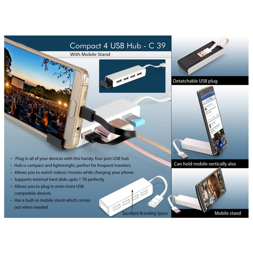 Compact 4 USB Hub With Mobile Stand - C 39 - Mudramart Corporate Giftings
