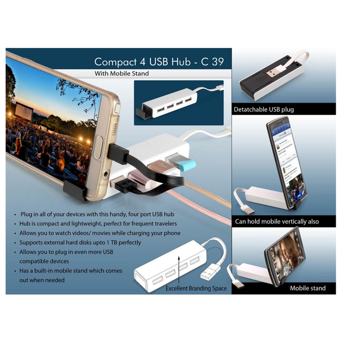 Compact 4 USB Hub With Mobile Stand - C 39 - Mudramart Corporate Giftings