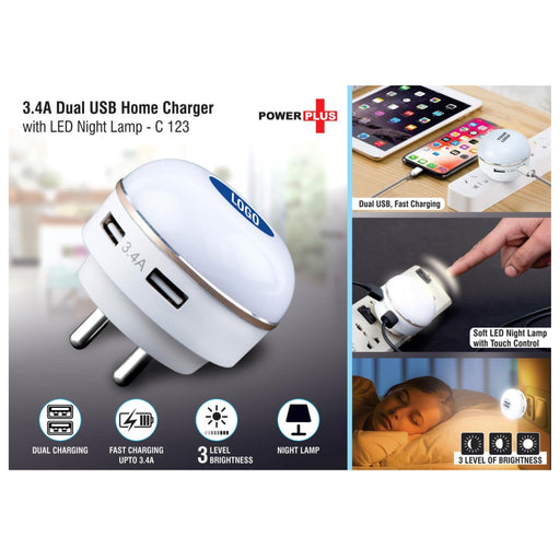 Dual USB Fast Charger With Night Lamp - C 123 - Mudramart Corporate Giftings