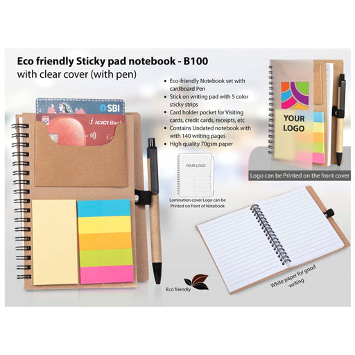 Eco Friendly Sticky Pad Notebook With Clear Cover With Pen - B 100 - Mudramart Corporate Giftings