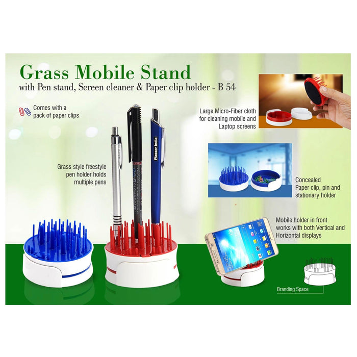 Grass Mobile Stand with Pen Stand, Screen Cleaner & Paper Clip Holder - B 54 - Mudramart Corporate Giftings