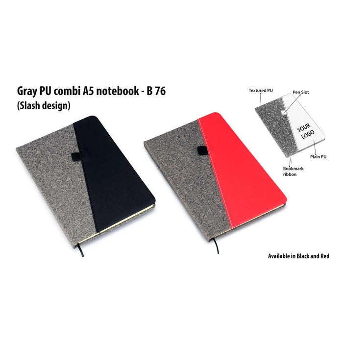 Gray PU combi A5 notebook Slash Design - B 76 - Mudramart Corporate Giftings