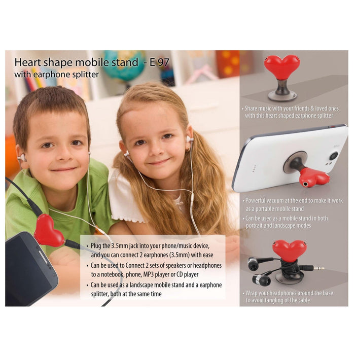 Heart Shape Vacuum Mobile Stand With Earphone Splitter - E 91 - Mudramart Corporate Giftings