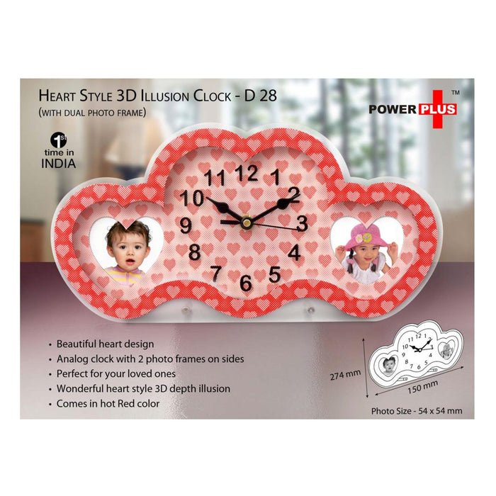 Heart Style 3D Illusion Clock With Dual Photo Frame - D 28 - Mudramart Corporate Giftings