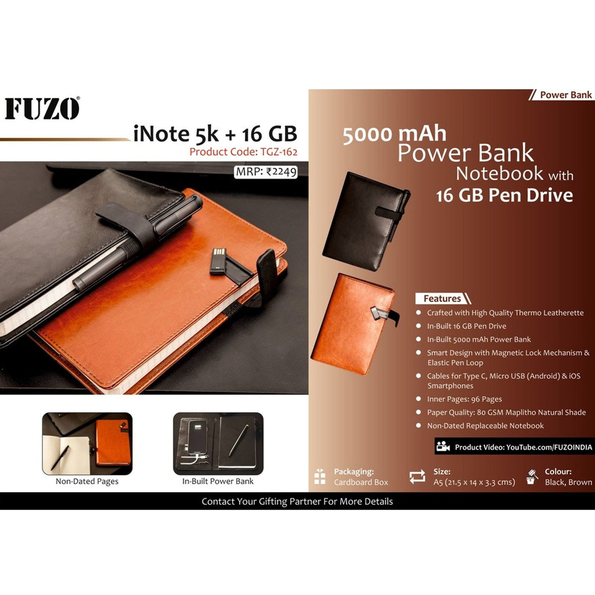 iNote 5000 mAh Power Bank Notebook with 16 GB Pen Drive - TGZ-162