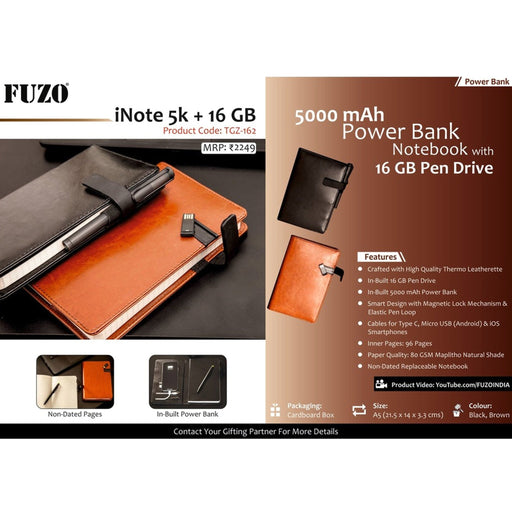 iNote 5000 mAh Power Bank Notebook with 16 GB Pen Drive - TGZ-162 - Mudramart Corporate Giftings