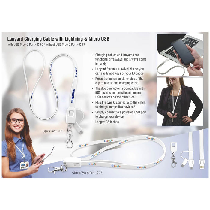 Lanyard Charging Cable With Lightning, Micro USB And USB Type C Port - C 76 - Mudramart Corporate Giftings