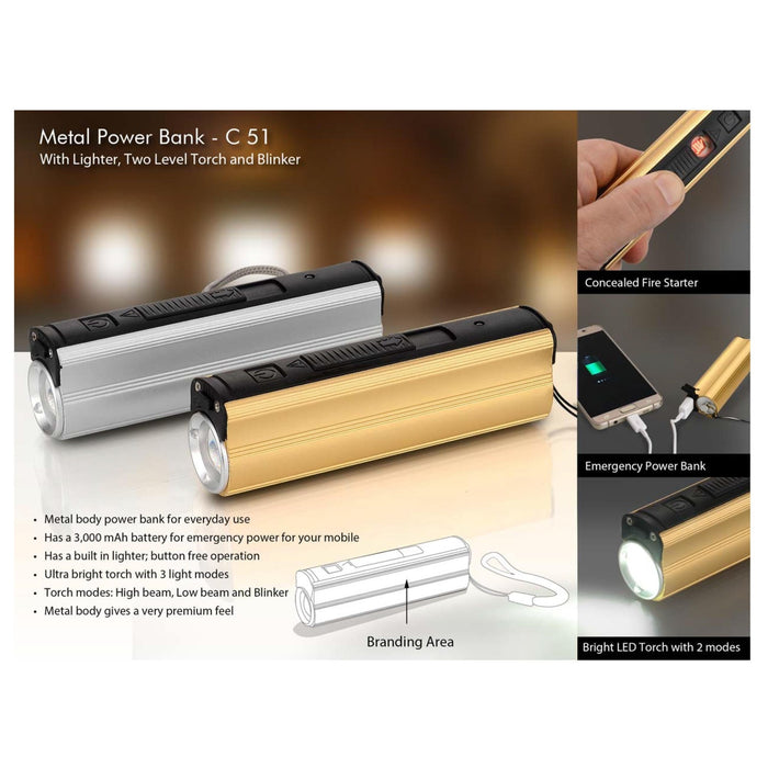 Metal Power Bank With Lighter, Two Level Torch And Blinker - C 51 - Mudramart Corporate Giftings