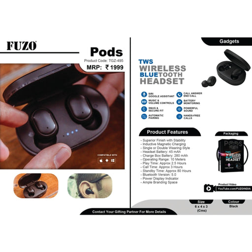 Pods TWS Wireless Bluetooth Headset - TGZ-495 - Mudramart Corporate Giftings