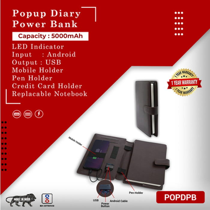 Popup Diary 5000 mAh - Dark Brown - Mudramart Corporate Giftings