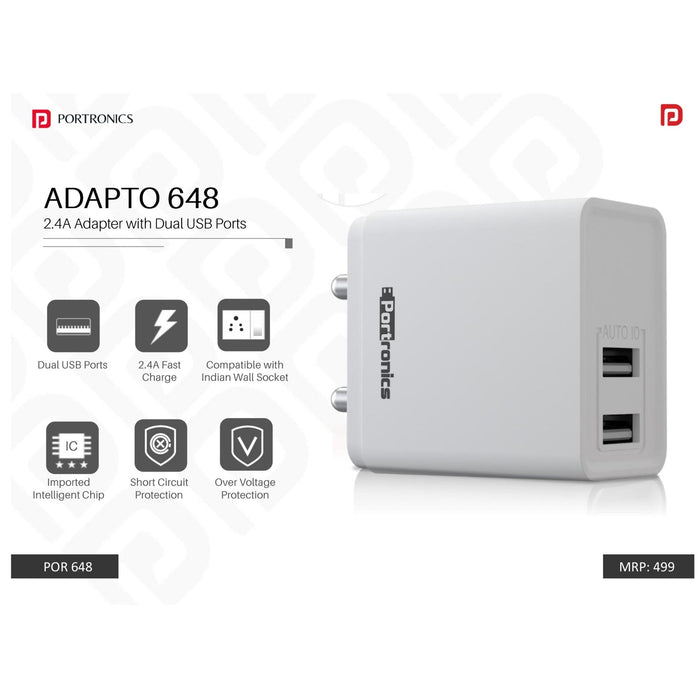 Portronics 2.4A Charger with Dual USB Ports - POR 648/649 - Mudramart Corporate Giftings