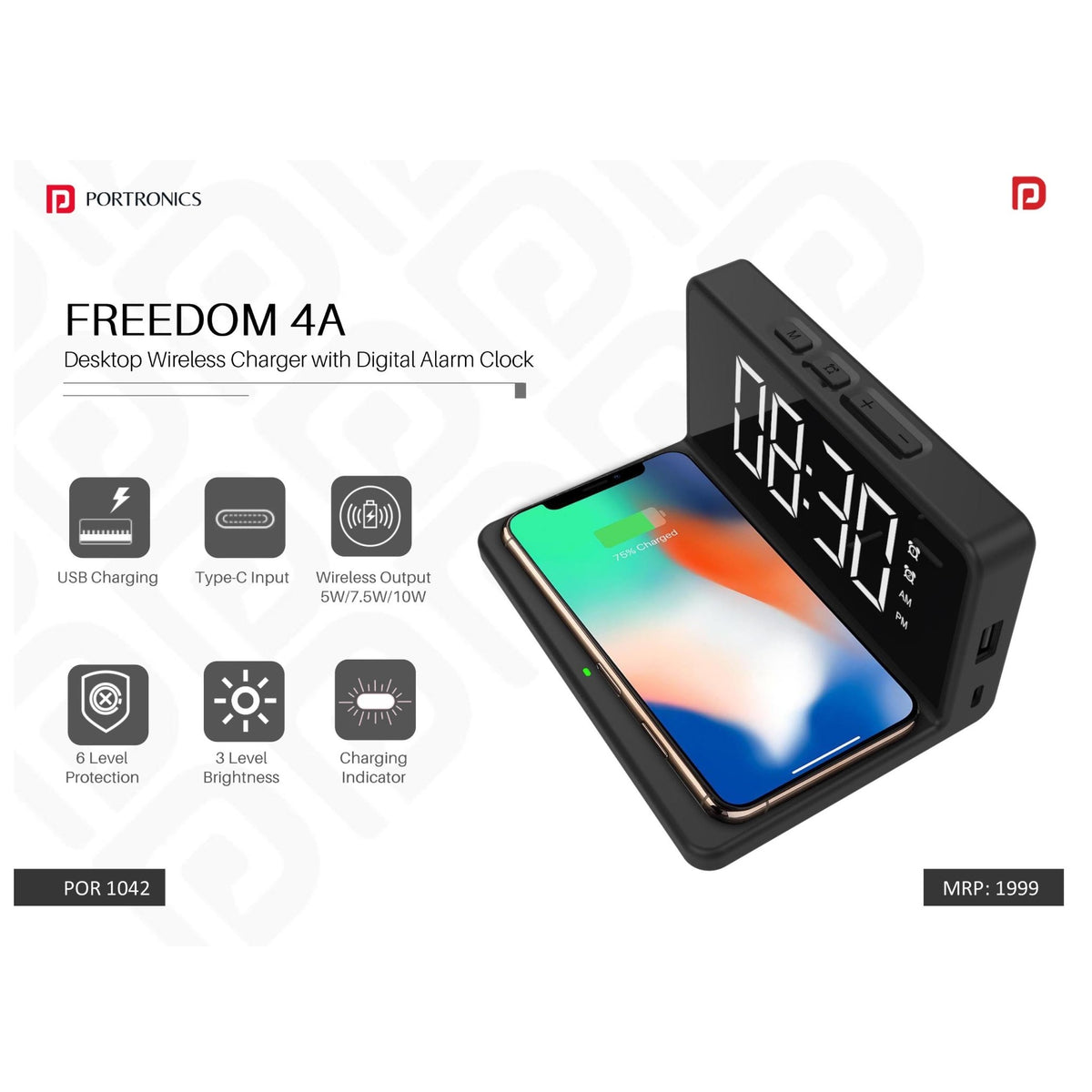 Portronics Desktop Wireless Charger with Digital Alarm Clock POR