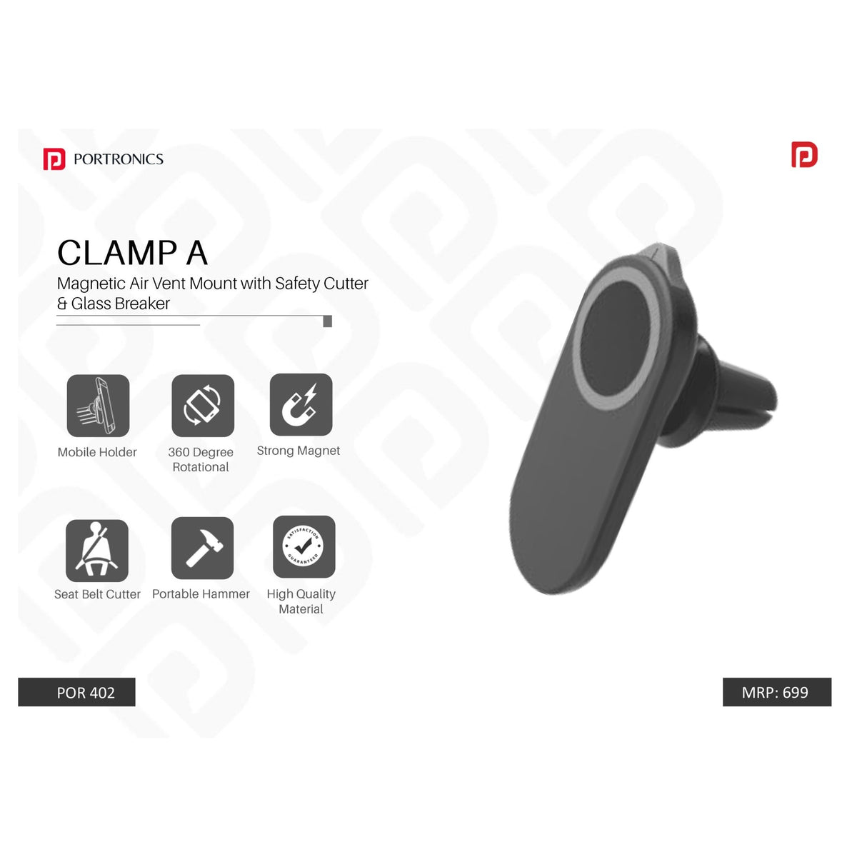 Portronics Magnetic Air Vent Mount with Safety Cutter Hammer