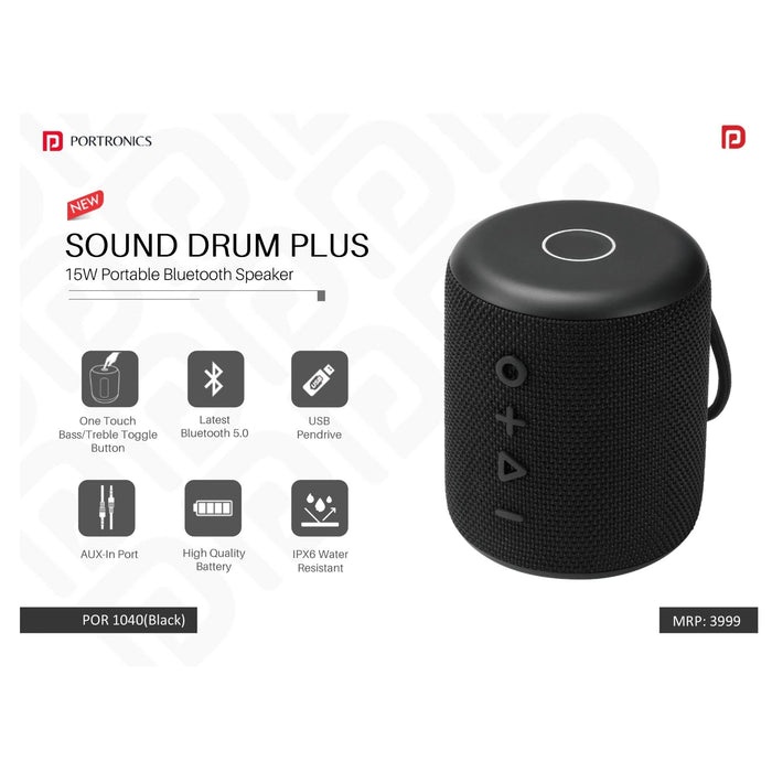 Portronics SoundDrum Plus 15 W Bluetooth Speaker (Black, Stereo Channel) - POR 1040 - Mudramart Corporate Giftings