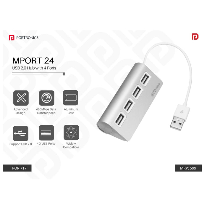 Portronics USB 2.0 Aluminium HUB with 4 USB Ports - POR 717 - Mudramart Corporate Giftings