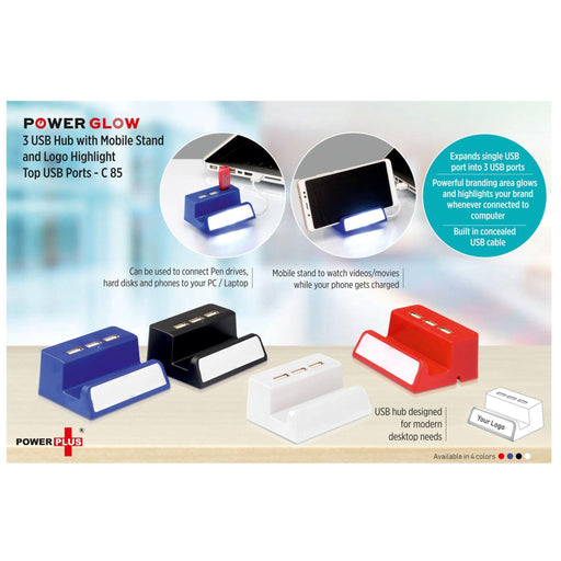 Power Glow 3 USB Hub With Mobile Stand And Logo Highlight (Top USB) - C 85 - Mudramart Corporate Giftings
