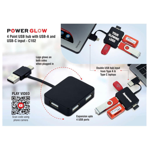 Power Glow 4 Point USB Hub With USB-A And USB-C Input | 4 USB Ports - C 102 - Mudramart Corporate Giftings
