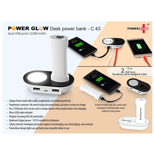 Power Glow Desk Power Bank With Dual USB Ports 3,000 MAh - C 43 - Mudramart Corporate Giftings