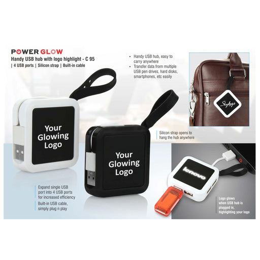 Power glow Handy USB Hub With Logo Highlight | 4 USB Ports | Silicon Strap | Built-In Cable - C 95 - Mudramart Corporate Giftings