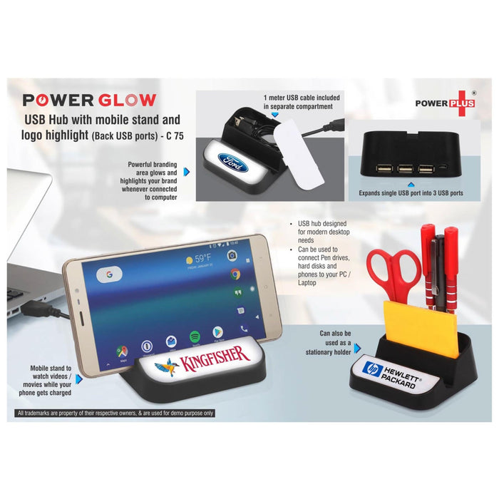 Power Glow USB Hub With Mobile Stand And Logo Highlight Back USB Ports - C 75 - Mudramart Corporate Giftings