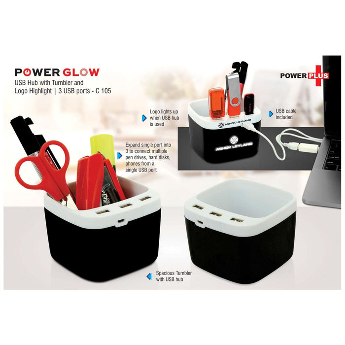 Power Glow USB Hub With Tumbler And Logo Highlight | 3 USB Ports - C 105 - Mudramart Corporate Giftings