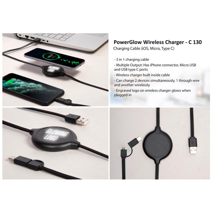 Power Glow Wireless Charger | Charging Cable (IOS, Micro, Type C) | Logo Glow Function - C 130 - Mudramart Corporate Giftings