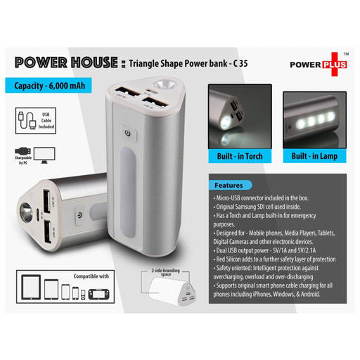 Power Plus Power House : Triangle Shape Power Bank With Lamp And Torch (Dual USB Port) (6000 MAh) - C 35 - Mudramart Corporate Giftings
