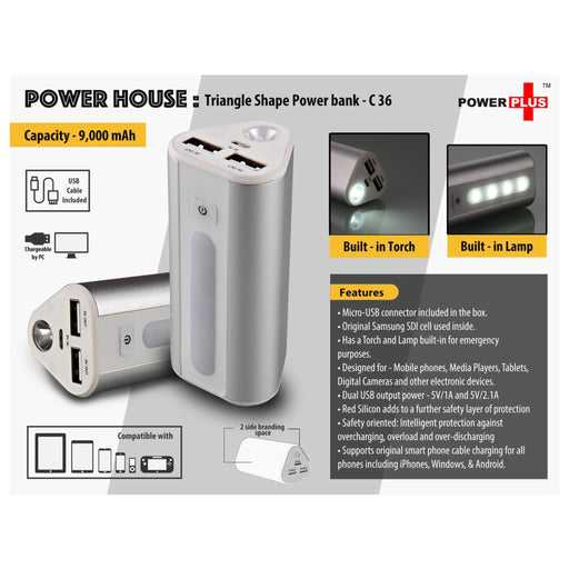 Power Plus Power House : Triangle Shape Power Bank With Lamp And Torch (Dual USB Port)(9000 MAh) - C 36 - Mudramart Corporate Giftings