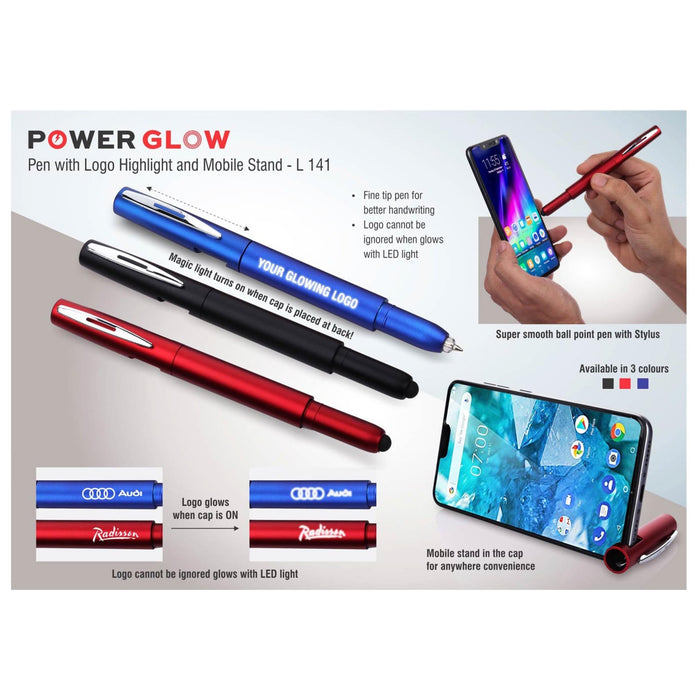 PowerGlow Pen With Logo Highlight And Mobile Stand - L141 - Mudramart Corporate Giftings