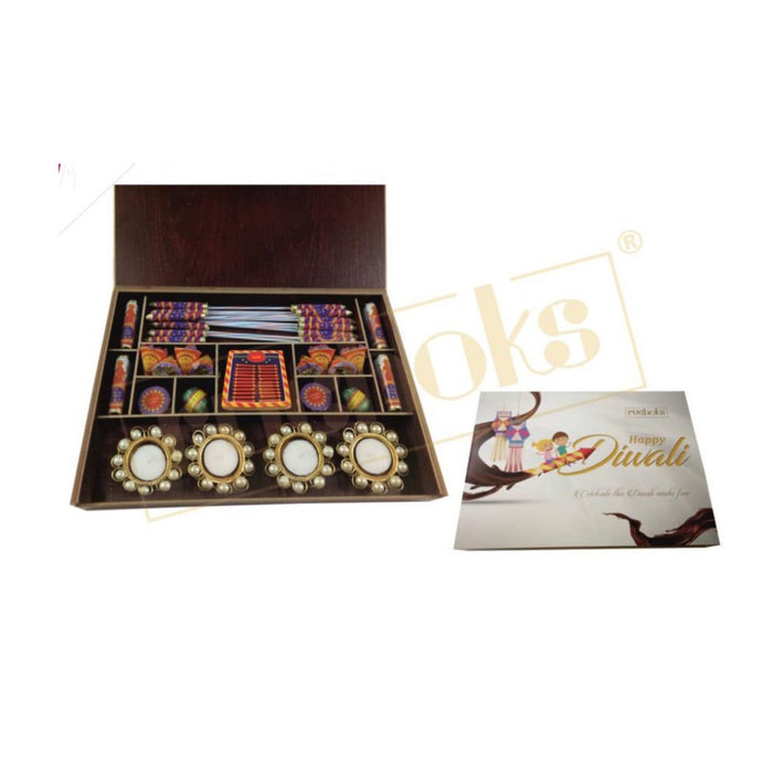 Premium Diwali Cracker in wooden box + 4 Candle - W1 - Mudramart Corporate Giftings