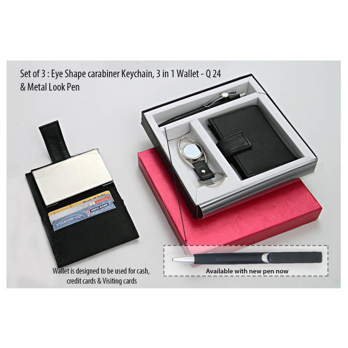Set of 3: Eye Shape carabiner Keychain ,3 in 1 wallet -Q 24 & Metal Look pen - Mudramart Corporate Giftings