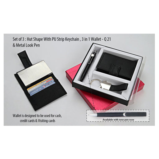 set of 3: Hut Shape With PU Stipe Keychain, 3 in 1 wallet - Q 21 & Metal Look Pen - Mudramart Corporate Giftings