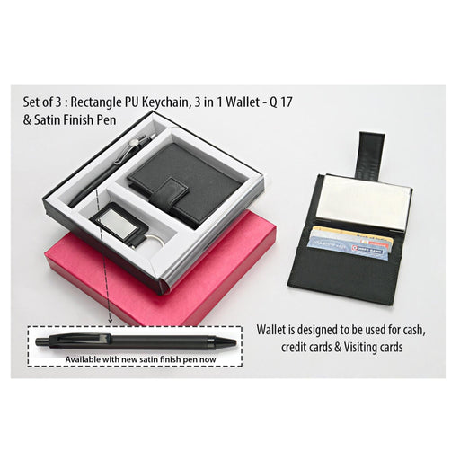 Set Of 3 : Rectangle PU Keychain, 3 In 1 Wallet & Highway Satin Pen - Q17 - Mudramart Corporate Giftings