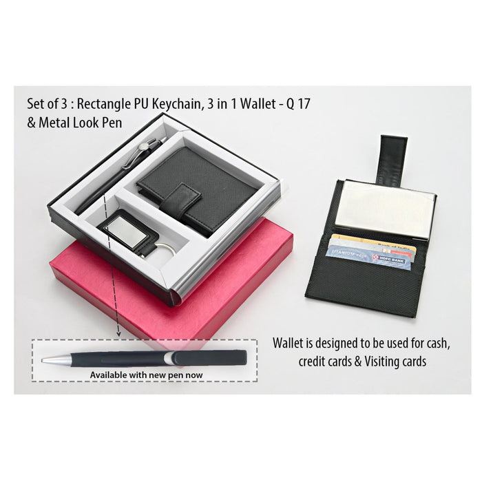 Set of 3: Rectangle PU Keychain, 3 in 1 Wallet - Q 17 & Metal Look pen - Mudramart Corporate Giftings