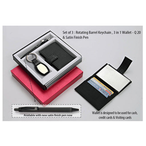 Set Of 3 : Rotating Barrel Shape Keychain, 3 In 1 Wallet & Highway Satin Pen - Q20 - Mudramart Corporate Giftings